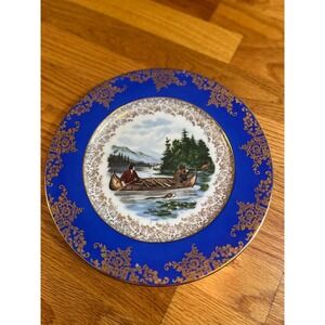 Vintage "Hunting for Deer" Bayreuth Bavaria Germany  Plate Gold Trimmed Cobalt